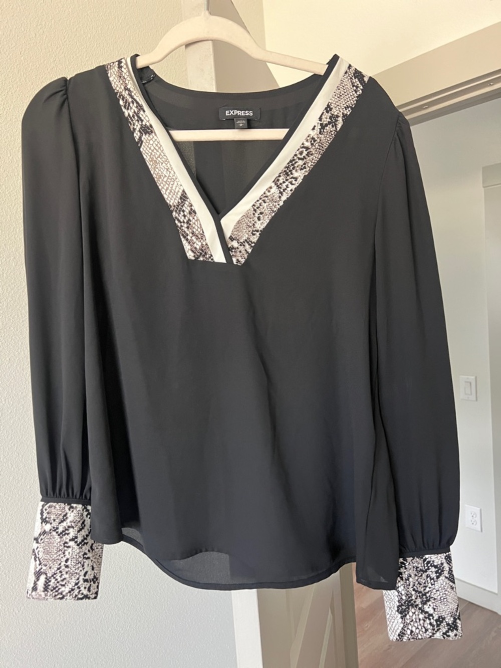 Express Black Long-Sleeve Blouse with Snake-Print Trim